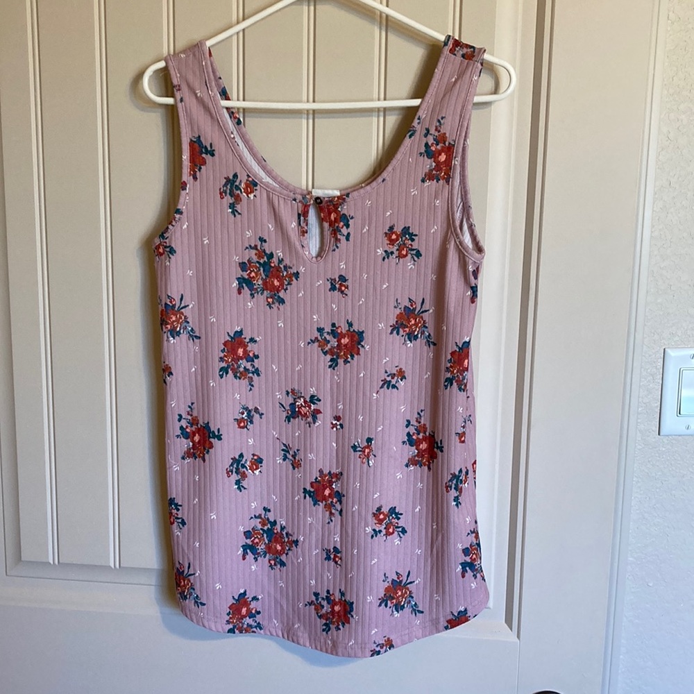 Simple by Suzanne Betro Pink Sleeveless Tank Top w/ Floral Print Keyhole Size S
